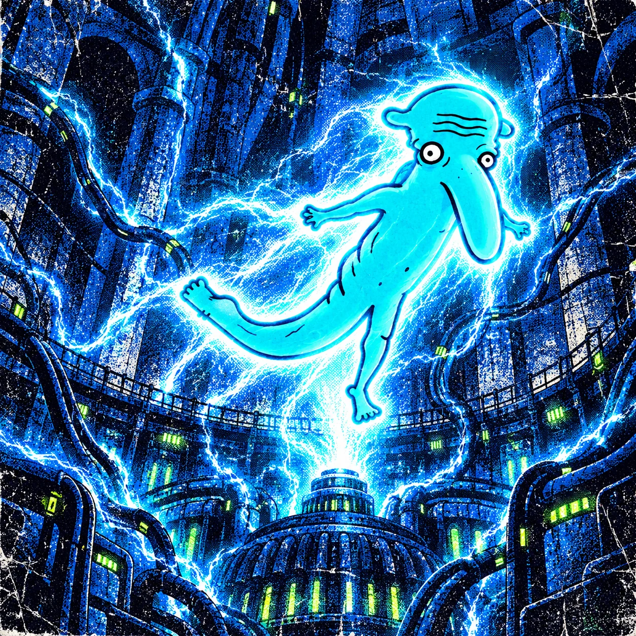The character levitating inside a vast underground turbine chamber