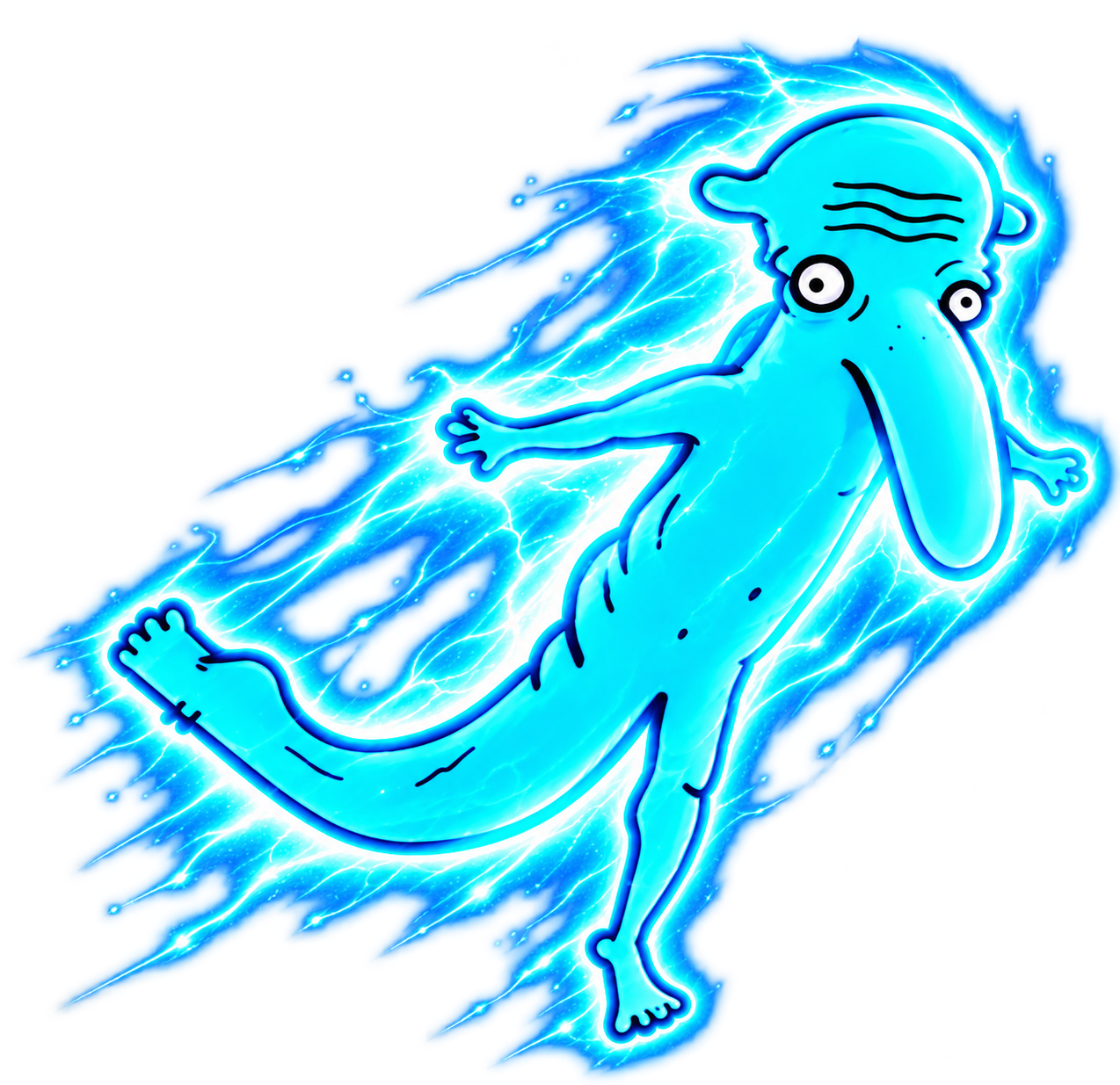 Cyan long-nosed character rushing through a glowing blue cosmic current