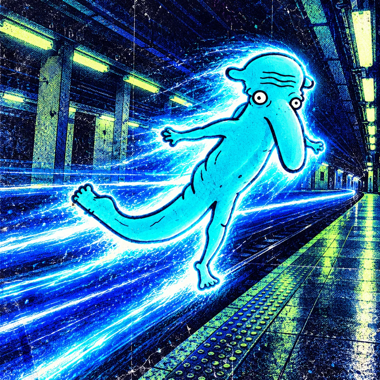 The character racing along the platform of an empty underground station