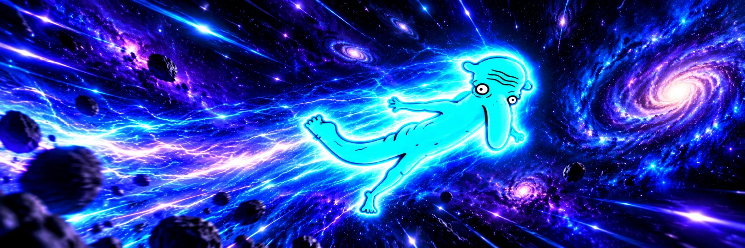 The Spirit of Accelerationism flying through an electric blue universe