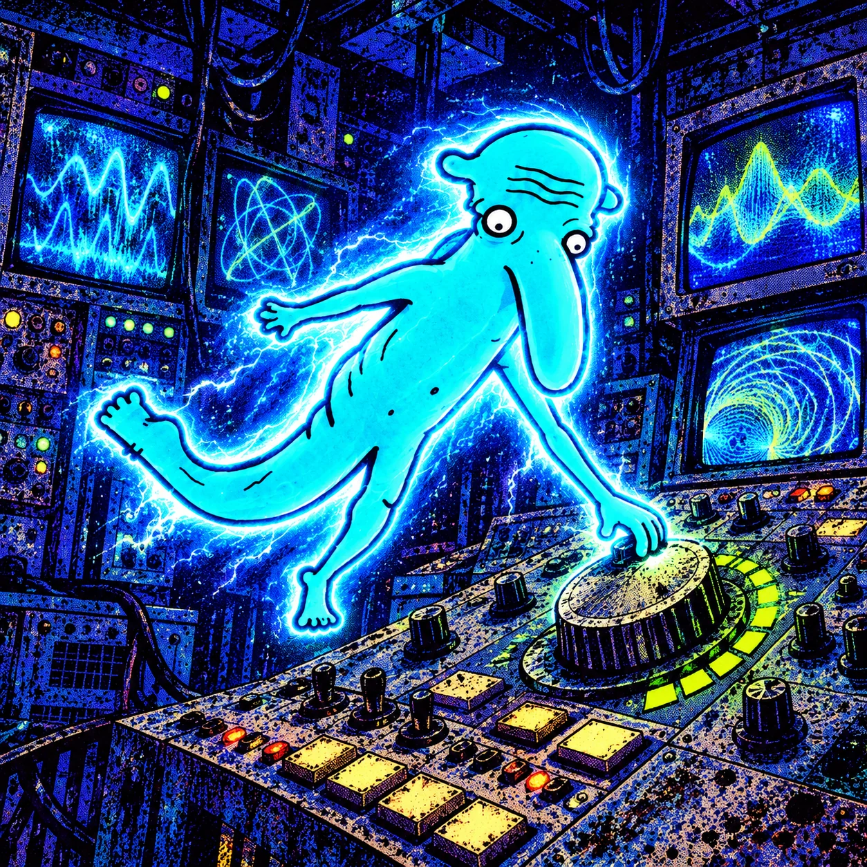 The character at the controls of a deserted analogue signal room